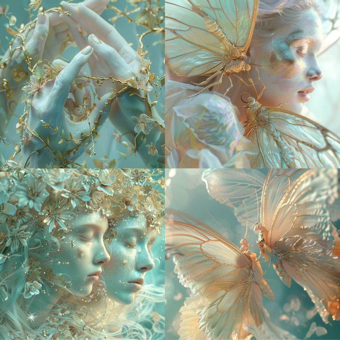 Ethereal Fantasy Dreamscapes AI MidJourney Image Prompt, 8034AI image prompts, artistic exploration, creative inspiration, creative prompts, delicate aesthetics, delicate floral art, enchanting art, ethereal fantasy art, fantasy dreamscapes, fantasy faces, fantasy-inspired art, fine art photography, golden butterflies, imaginative art, midjourney, mystical beauty, mystical scenes, serene visuals, surreal designs, whimsical designs