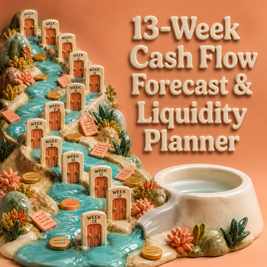 13-Week Cash Flow Forecast and Liquidity Planner for organizing weekly receipts, payments, assumptions, and actions.