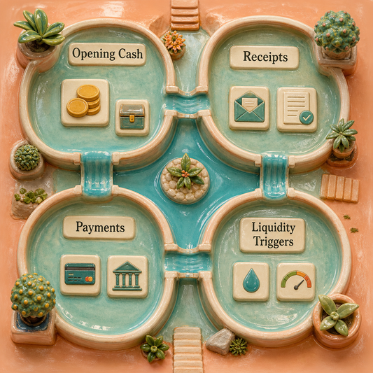 Illustrative overview of opening cash, receipts, payments, and liquidity triggers in a weekly cash-flow workflow.