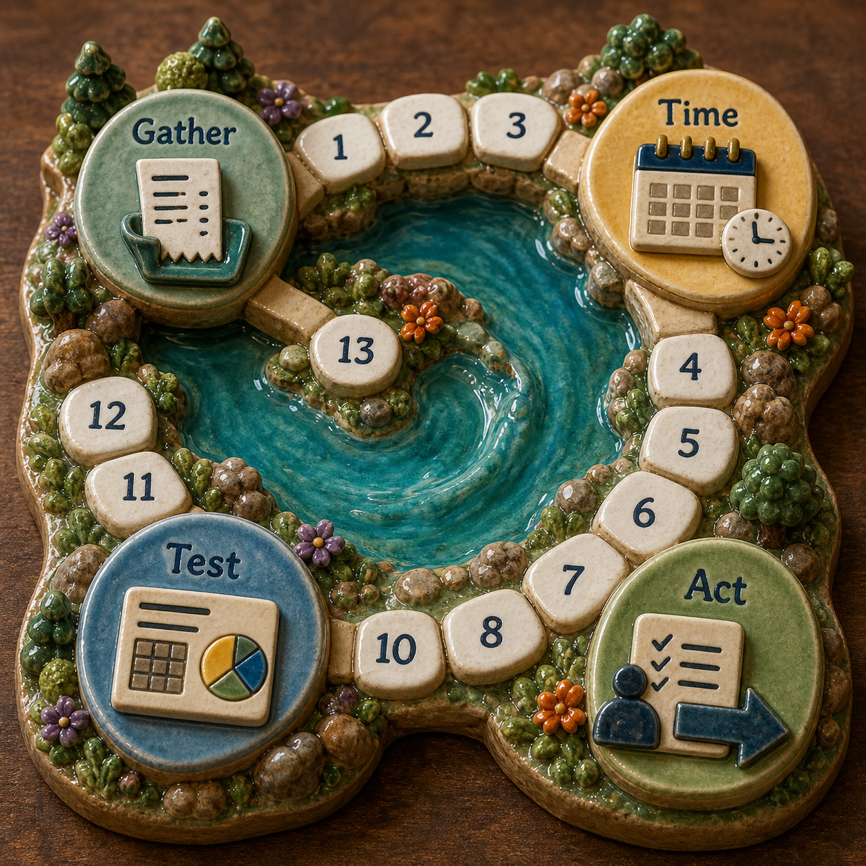 Rolling 13-week cash-planning method moving from gathering and timing information through scenario testing and action.