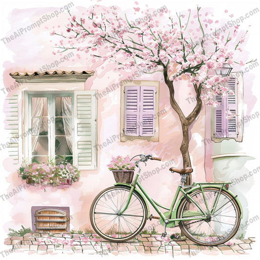 Whimsical Watercolor Vibes AI MidJourney Image Prompt, 9368 Fantasy, midjourney, watercolor, serene, bicycle, blooming tree, vintage van, palm tree, countryside cottage, motorcycle, mystical creature, detailed, intricate, whimsical, beauty, tranquil, art, nostalgia, unique art piece, street scene, vintage style, serene setting, Midjourney, Ai, Ai Image Prompt, Image Prompt, Prompt