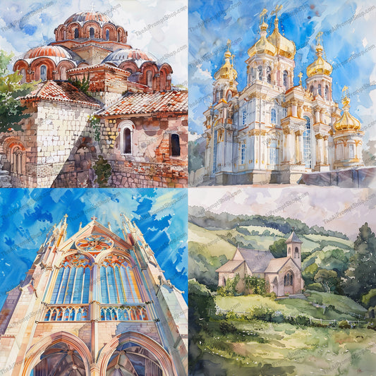 Watercolor Churches and Cathedral AI MidJourney Image Prompt, 8863 Animals, midjourney, watercolor, church, cathedral, architecture, historical, painting, artistic, vibrant, detailed, serene, landscape, illustration, building, old, heritage, European, art, beautiful, creative, scenic, Midjourney, Ai, Ai Image Prompt, Image Prompt, Prompt