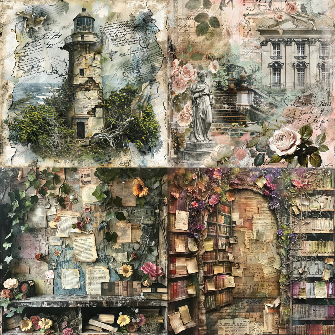 Vintage Aesthetic Collage AI MidJourney Image Prompt, 8868 Animals, midjourney, vintage, aesthetic, retro, old-world, charm, intricate, books, library, floral, statue, architecture, lighthouse, ivy, art, decor, nostalgia, classic, timeless, romantic, elegant, Midjourney, Ai, Ai Image Prompt, Image Prompt, Prompt