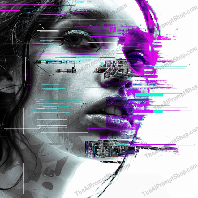 Glitch Art Portrait AI MidJourney Image Prompt, 8650abstract portrait, Ai, Ai Image Prompt, artistic portrait, colorful portrait, contemporary art, cyberpunk, digital art, digital distortion, distorted image, edgy art, futuristic, futuristic portrait, glitch art, glitch effect, graphic design, Image Prompt, midjourney, modern art, overlapping distortions, portrait, Portraits & People, Prompt, stylized image, tech art, vibrant colors
