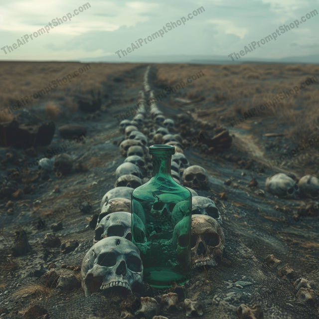 Skulls in Landscapes AI MidJourney Image Prompt, 9619 — A single image with an eerie post-apocalyptic landscape, featuring long lines of skulls mixed with… — product preview image 2