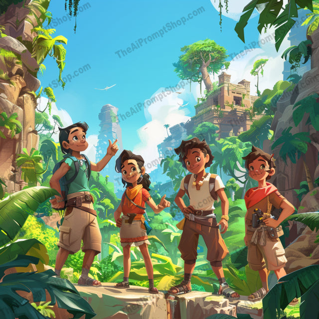 AI MidJourney Image Prompt, Cartoon Explorers, 51513D animation style, Adventurous theme, Ancient ruins background, Animated explorer characters, Animation, cartoon, Cartoon exploration, Character-focused artwork, Exploration and discovery, Family-friendly animation, Jungle exploration visuals, Lighthearted adventure, midjourney, Vibrant color palette, Youthful adventurers