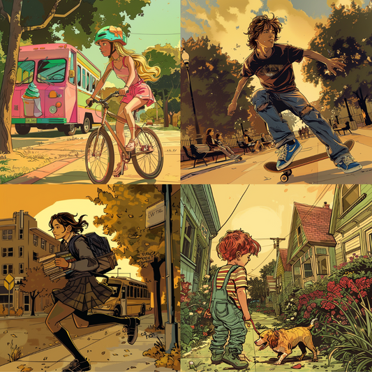 Nostalgic Childhood Adventures AI MidJourney Image Prompt, 8031AI image prompts, artistic creativity, artistic inspiration, childhood memories, colorful storytelling, creative prompts, dynamic scenes, everyday adventures, growing up, heartwarming visuals, kids at play, midjourney, neighborhood adventures, nostalgic childhood, nostalgic visuals, outdoor fun, playful scenes, retro childhood, storytelling art, suburban life, summer days, vibrant art, youthful moments