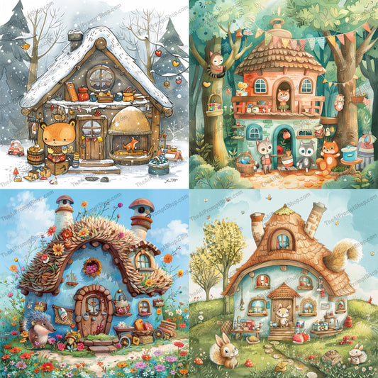 Whimsical Animal Cottages AI MidJourney Image Prompt, 8941 Animation & Cartoons, midjourney, whimsical, animal cottages, woodland creatures, anthropomorphic, cute animals, nature, cozy living, enchanted forest, intricate details, vibrant colors, charming illustration, storybook setting, fantasy art, cottagecore, furry animals, nature lovers, decorative art, detailed illustration, warm atmosphere, heartwarming, Midjourney, Ai, Ai Image Prompt, Image Prompt, Prompt