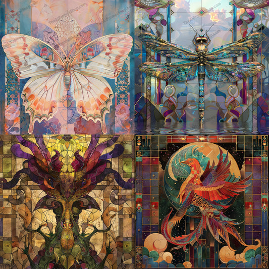 Stained Glass Style Mythical Creatures AI MidJourney Image Prompt, 9520 Fantasy, midjourney, stained glass, mythical creatures, butterfly, dragonfly, phoenix, vibrant colors, intricate designs, magical, fantasy art, decorative art, mythical, ethereal, detailed, artistic, whimsical, enchanting, beautiful designs, mystical beings, fantasy creatures, visual art, Midjourney, Ai, Ai Image Prompt, Image Prompt, Prompt