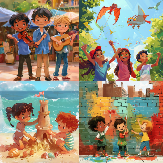 Joyful Childhood Adventures AI MidJourney Image Prompt, 8029AI image prompts, artistic inspiration, childhood adventures, childhood memories, children's art, children's books, colorful scenes, creative illustrations, creative prompts, fun activities, happy childhood, happy kids, heartwarming art, joyful visuals, kid-friendly art, kids at play, midjourney, outdoor fun, playful design, playful kids, storytelling visuals, summer fun, whimsical scenes