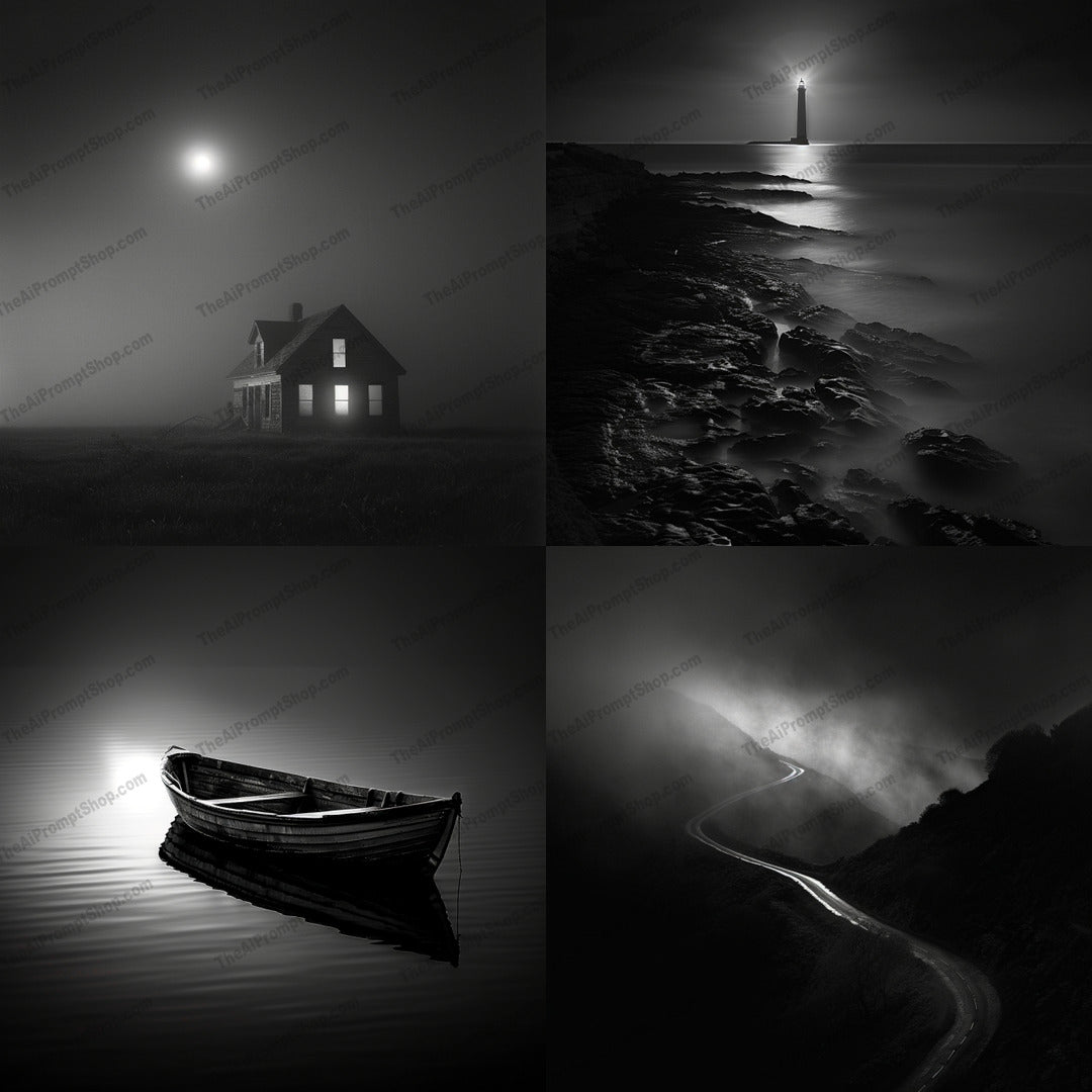 Eerie Nightscapes AI MidJourney Image Prompt, 9257 Landscapes & Paintings, midjourney, eerie, nightscape, haunting, black-and-white, serene, mysterious, dark, enigma, emotional, beautiful, night, photography, landscape, art, moody, dramatic, solitude, tranquility, noir, ominous, Midjourney, Ai, Ai Image Prompt, Image Prompt, Prompt