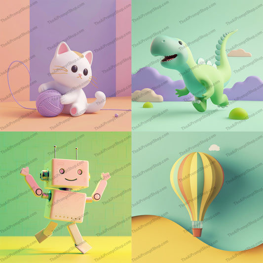 Pastel 3D Characters AI MidJourney Image Prompt, 9324 Character Art, midjourney, 3D illustration, pastel colors, cute, whimsical, cat, yarn, dinosaur, robot, hot air balloon, soft tones, creative, imaginative, delightful, charming, character art, digital art, adorable, playful, joyful, whimsical, fun, pastel theme, Midjourney, Ai, Ai Image Prompt, Image Prompt, Prompt