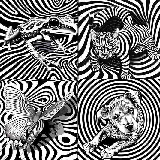 Hypnotic AI MidJourney Image Prompt, 8005abstract, black and white, chameleon, detailed illustration, dynamic, frog, graphic design, hypnotic, intricate, line art, lizards, midjourney, optical illusion, patterns, psychedelic art, reptiles, snake, surreal, trippy, visual art