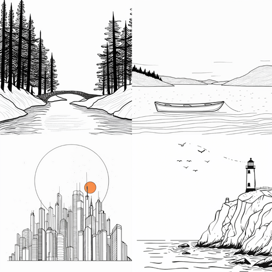 Minimalist Line Art Landscapes AI MidJourney Image Prompt, 8028abstract landscapes, AI image prompts, artistic inspiration, balanced visuals, cityscape line art, clean design, coastal art, contemporary design, creative design prompts, creative prompts, digital line art, landscape prompts, line drawing, midjourney, minimalist decor, minimalist line art, modern aesthetics, modern illustrations, peaceful scenes, simple art, sketch-style illustrations, traditional art