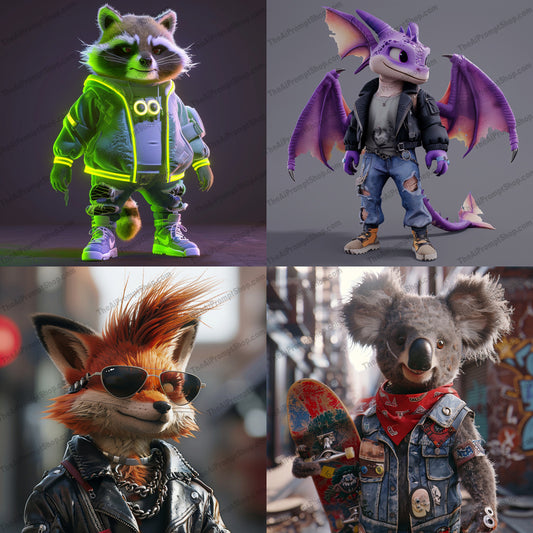 Anthropomorphic Animal Characters in Urban Outfits AI MidJourney Image Prompt, 8806 Animals, midjourney, anthropomorphic, animal characters, urban outfits, stylized, raccoon, dragon, fox, koala, edgy clothing, fashionable, modern street style, fantasy, unique personalities, detailed, attitude, character design, urban fashion, animal art, cool animals, stylish characters, Midjourney, Ai, Ai Image Prompt, Image Prompt, Prompt
