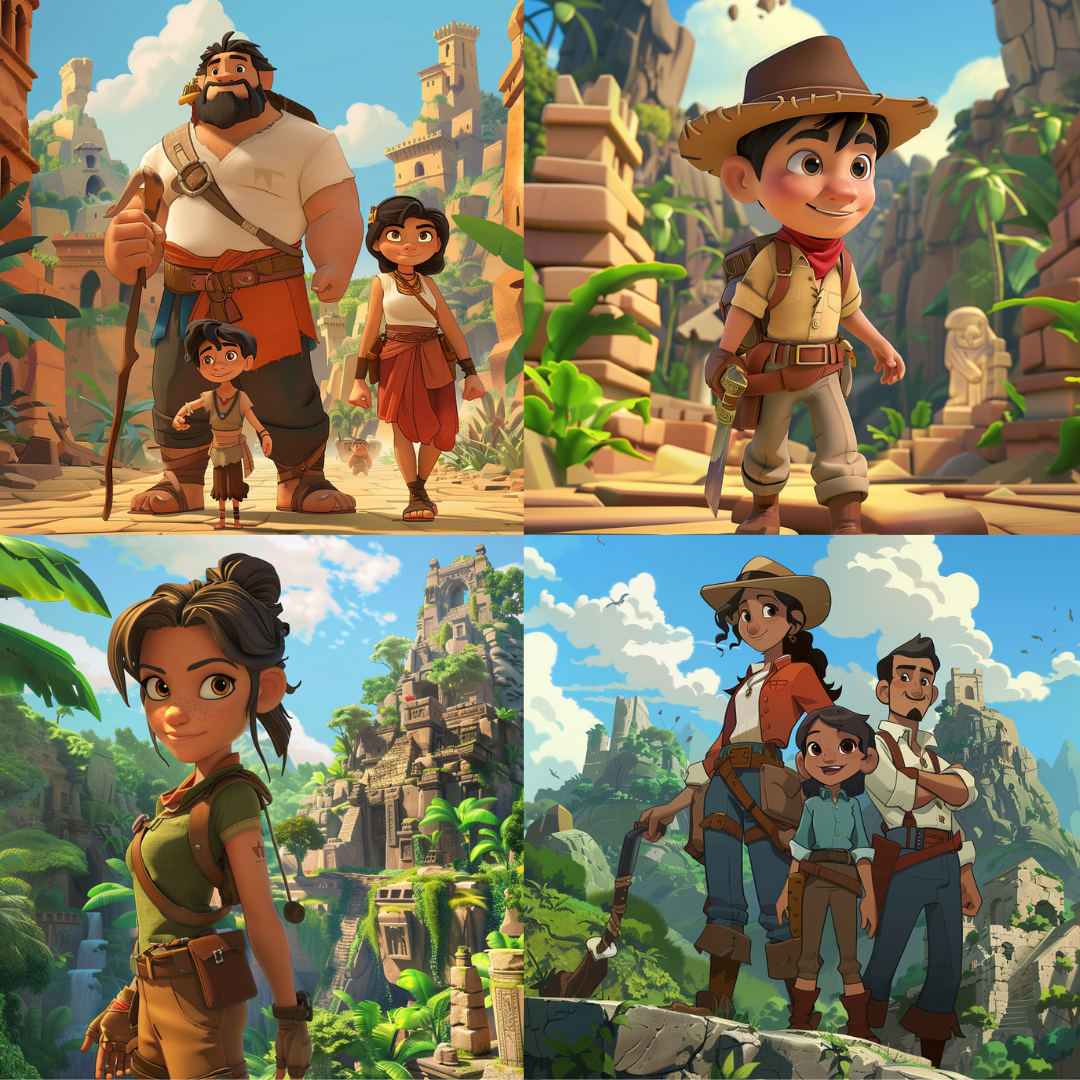 AI MidJourney Image Prompt, Cartoon Explorers, 51513D animation style, Adventurous theme, Ancient ruins background, Animated explorer characters, Animation, cartoon, Cartoon exploration, Character-focused artwork, Exploration and discovery, Family-friendly animation, Jungle exploration visuals, Lighthearted adventure, midjourney, Vibrant color palette, Youthful adventurers