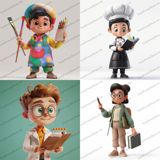 Characters in Various Professions AI MidJourney Image Prompt, 9461 Character Art, midjourney, characters, professions, stylized, vibrant, detailed, attire, creative, artistic, design, colorful, professional, animation, 3D, cartoon, playful, fun, whimsical, occupations, roleplay, sculpted, crafted, Midjourney, Ai, Ai Image Prompt, Image Prompt, Prompt