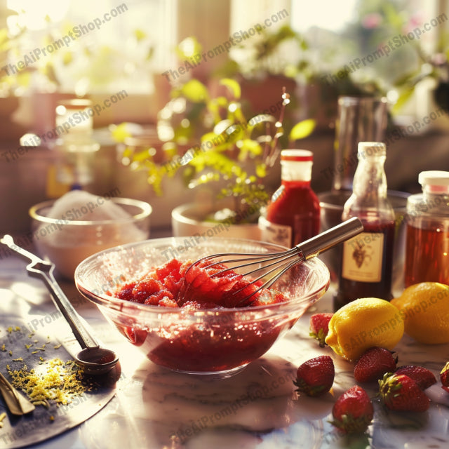 Rustic Kitchen Cooking Scene AI MidJourney Image Prompt, 8885 Food, midjourney, rustic kitchen, cooking, home cooking, natural light, food preparation, fresh ingredients, sunlit kitchen, cozy kitchen, culinary process, whisking, baking, strawberries, mashed potatoes, kitchen utensils, eggs, butter, herbs, recipe, homemade meal, kitchen decor, Midjourney, Ai, Ai Image Prompt, Image Prompt, Prompt