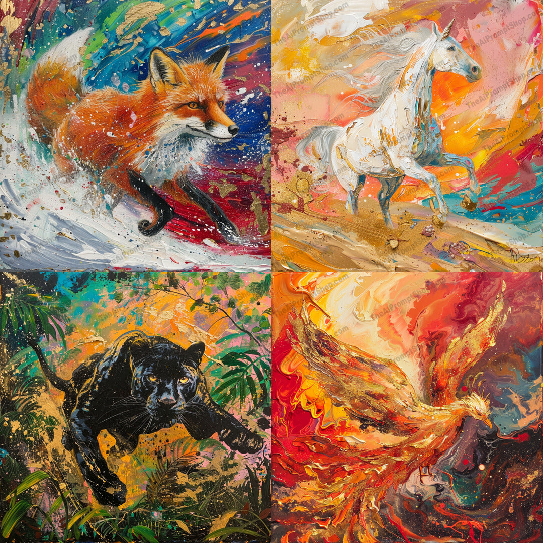 Vibrant Wildlife Art AI MidJourney Image Prompt, 8754 Animals, midjourney, vibrant, wildlife, art, fox, horse, panther, phoenix, majestic, dynamic, vivid, illustration, colors, brush strokes, motion, animals, ethereal, energy, artistic, nature, creature, Midjourney, Ai, Ai Image Prompt, Image Prompt, Prompt