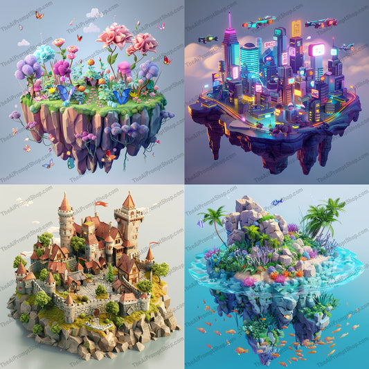 Floating Islands AI MidJourney Image Prompt, 9574 Fantasy, midjourney, floating island, fantasy art, vibrant flora, futuristic cityscape, enchanted castle, tropical paradise, imaginative landscape, 3D illustration, digital art, surreal scenery, magical world, island in the sky, colorful artwork, dreamlike environment, whimsical design, creative composition, aerial view, fantasy city, lush greenery, aquatic life, Midjourney, Ai, Ai Image Prompt, Image Prompt, Prompt