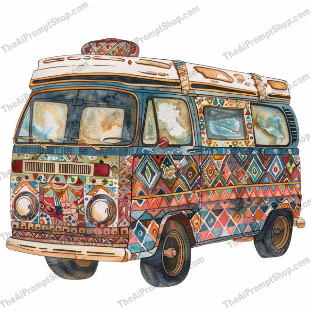 Bohemian Vehicles and Treehouse AI MidJourney Image Prompt, 9055 Animation & Cartoons, midjourney, bohemian, retro van, vintage wagon, bicycle, treehouse, colorful, whimsical, artistic, detailed, intricate patterns, vibrant colors, hippie style, boho, hand-painted, fantasy, magical, decorative, unique, imaginative, creative, Midjourney, Ai, Ai Image Prompt, Image Prompt, Prompt