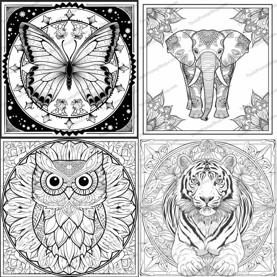 Ornate Animal Illustrations AI MidJourney Image Prompt, 8935 Animals, midjourney, ornate, detailed, intricate, animal, illustration, black and white, mandala, design, artistic, elegant, butterfly, elephant, owl, tiger, line work, decorative, stylized, beautiful, majestic, artwork, Midjourney, Ai, Ai Image Prompt, Image Prompt, Prompt