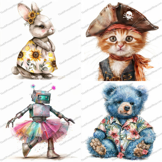 Whimsical Animal Characters AI MidJourney Image Prompt, 9660 Animals, midjourney, whimsical, animal character, cute illustration, vibrant and playful, charming attire, bunny with flowers, pirate kitten, robot with tutu, blue bear with shirt, adorable animals, digital illustration, creative art, imaginative design, fantasy animals, character art, illustrative style, kids friendly, storybook, animal friends, unique design, Midjourney, Ai, Ai Image Prompt, Image Prompt, Prompt