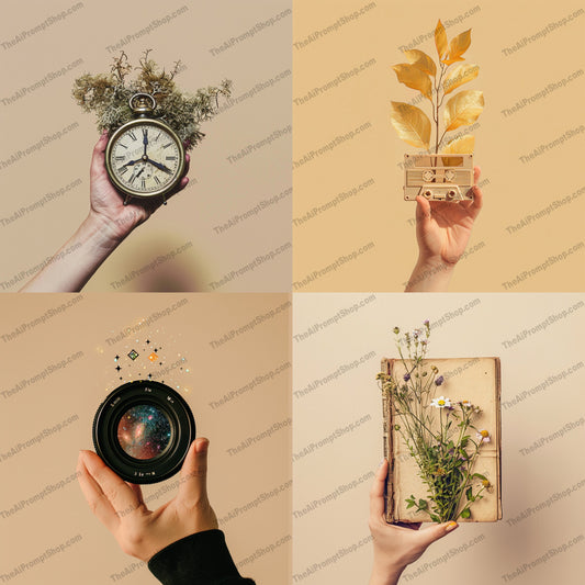 Surreal Hands Holding Objects AI MidJourney Image Prompt, 9011 Animation & Cartoons, midjourney, surreal, hands, objects, nature, technology, creative, artistic, imaginative, old clock, moss, golden leaf, camera lens, starry portal, book, flowers, holding objects, visual experience, unique items, blend nature technology, mesmerizing, Midjourney, Ai, Ai Image Prompt, Image Prompt, Prompt