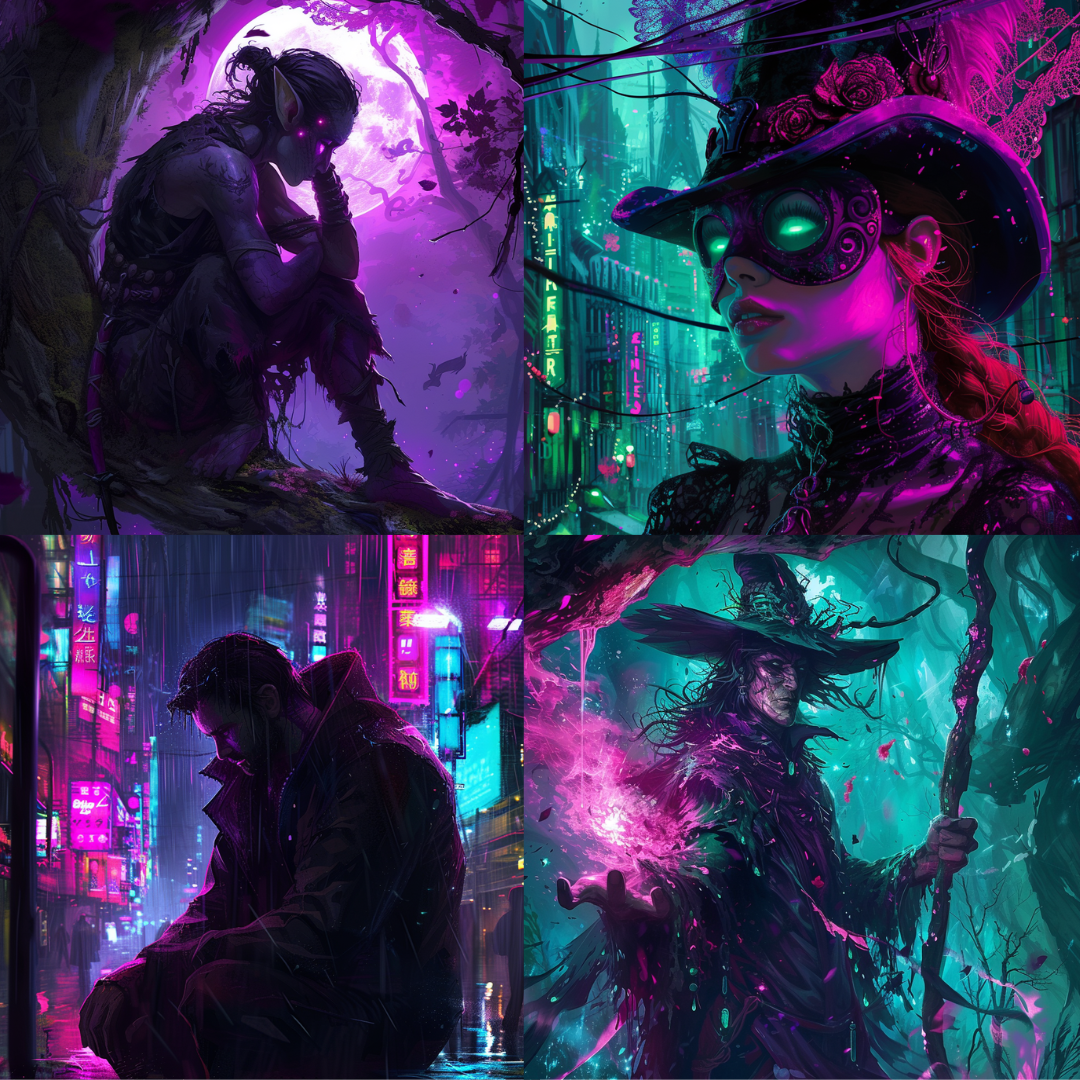 Neon Nocturne AI MidJourney Image Prompt, Character Art, 4225chat gpt, chat gpt prompts, chatgpt, chatgpt prompts, Cyber sorcery, Cyber witch, Cyberpunk art, Cyberpunk characters, Cyberpunk fantasy, Dark illustrations, Digital paintings, Fantasy creatures, Fantasy world, Futuristic city, Magical art, midjourney, Mystical night, Neon cityscapes, Neon fantasy, Neon lights art, Neon witch, Nighttime digital art, Rainy cityscapes, Sci-fi art, Urban fantasy art