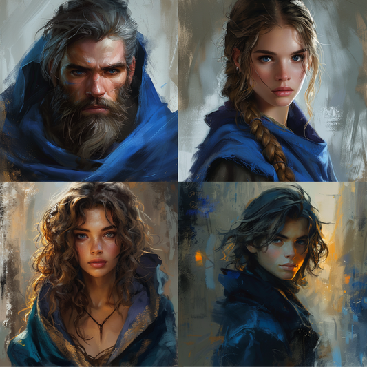 Mystical Blue Cloaks AI MidJourney Image Prompt, Character Art, 4224