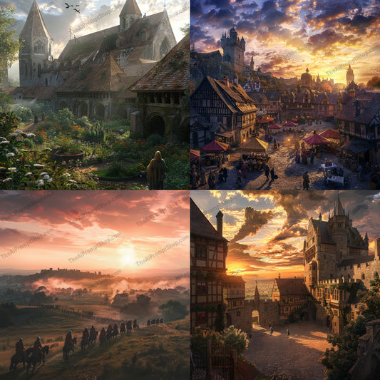 Medieval European Village at Sunset AI MidJourney Image Prompt, 9002 Landscapes & Paintings, midjourney, medieval, village, sunset, European, architecture, illustration, dramatic lighting, serene, historical, detailed, beautiful, vibrant colors, textures, ancient, buildings, marketplace, castle, scenic, picturesque, art, Midjourney, Ai, Ai Image Prompt, Image Prompt, Prompt