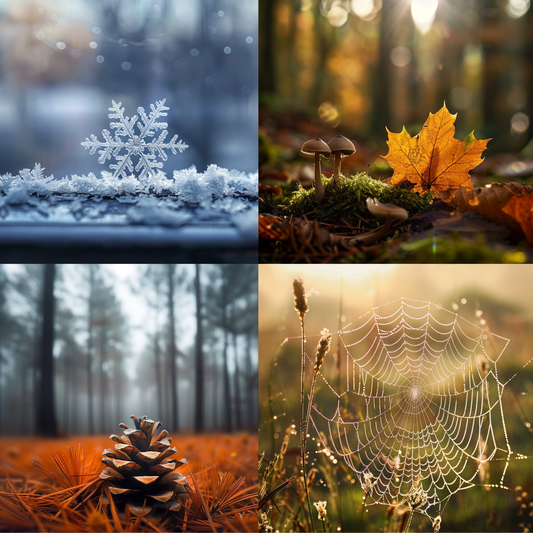 Seasons of Nature's Beauty AI MidJourney Image Prompt, 8004autumn, forest, landscape, leaf, midjourney, misty, natural beauty, nature, outdoors, peaceful, photography, pine cone, serene, snowflake, spider web, tranquility, winter