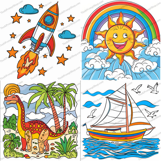 Colorful Cartoon Illustration AI MidJourney Image Prompt, 9567 Coloring Pages, midjourney, cartoon, whimsical, rocket ship, happy sun, rainbow, dinosaur, jungle, palm trees, sailboat, ocean, stars, clouds, kids art, playful, colorful, illustration, fun, vibrant, creative, artwork, Midjourney, Ai, Ai Image Prompt, Image Prompt, Prompt