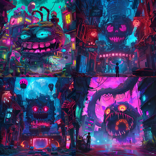 AI MidJourney Image Prompt, Neon Dread District, 4874Apocalyptic city, chat gpt, chat gpt prompts, chatgpt, chatgpt prompts, City of nightmares, Cyberpunk dread, Dystopian nightmares, Eerie urban, Electric horror, Futuristic frights, Glowing horrors, Menacing cityscape, midjourney, Monstrous metropolis, Neon terror, Psychedelic dread, Scary, Surreal invasion, Surreal urbanity, Urban monster mash, Vibrant fear