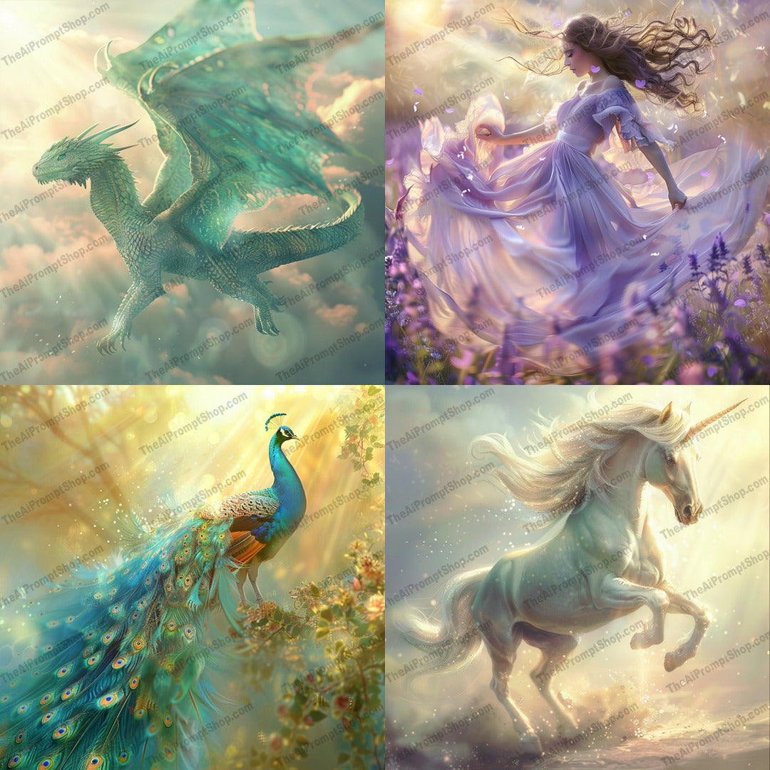 Fantasy Creatures and Dreamy Scenes AI MidJourney Image Prompt, 9623 — A stunning and ethereal artwork showcasing a dragon, a graceful unicorn, an elegant peacock, and a… — cover image