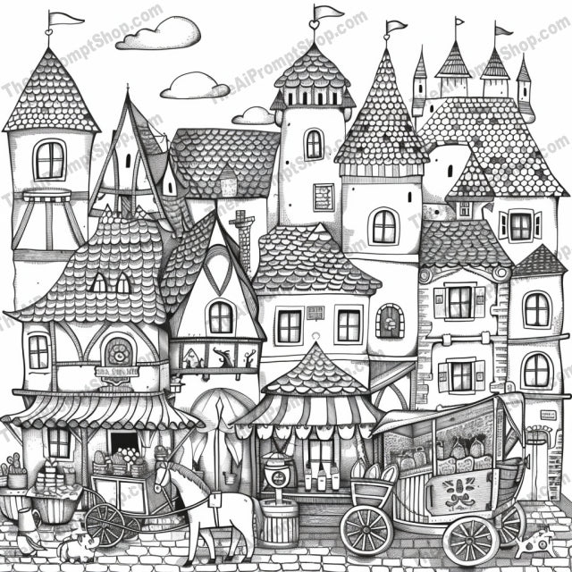 Whimsical Fairy Tale Scene AI MidJourney Image Prompt, 8968 Storybook Illustrations, midjourney, fairy tale, whimsical, castle, village, market, treehouse, fantasy, black and white, detailed illustration, imaginative, enchantment, storybook, charming, magical, quaint houses, artwork, fairy tale scene, fantasy art, illustration, intricate details, Midjourney, Ai, Ai Image Prompt, Image Prompt, Prompt