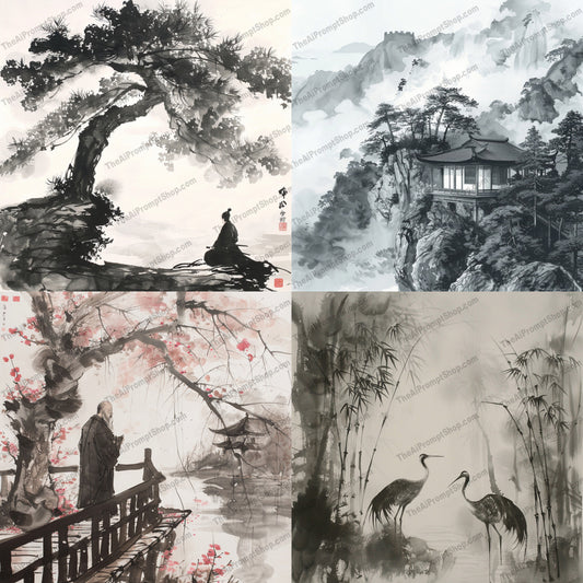 Oriental Ink Painting AI MidJourney Image Prompt, 8914 Landscapes & Paintings, midjourney, Oriental, ink painting, nature, traditional architecture, serenity, tranquility, harmony, landscape, brush strokes, light and shadow, classical art, Asian art, mountains, trees, bamboo, cranes, cherry blossoms, water scenery, reflection, mist, Midjourney, Ai, Ai Image Prompt, Image Prompt, Prompt
