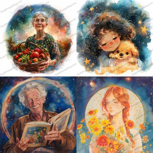 Whimsical Portrait Series AI MidJourney Image Prompt, 9671 Florals, midjourney, whimsical, portrait, celestial, dreamy, illustration, colorful, heartwarming, magical, art, fantasy, gentle, vibrant, background, galaxy, stars, nature, book, flowers, basket, puppy, Midjourney, Ai, Ai Image Prompt, Image Prompt, Prompt