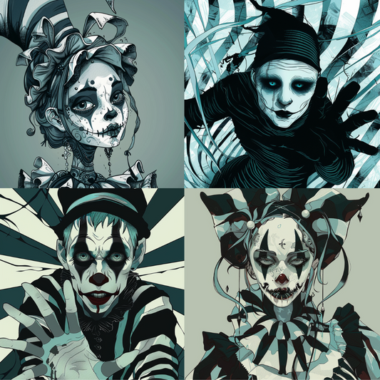 AI MidJourney Image Prompt, Monochrome Masquerade, 4875Bizarre harlequins, Black and white clowns, chat gpt, chat gpt prompts, chatgpt, chatgpt prompts, Clown phobias, Creepy clowns, Dark carnival, Dramatic expressions, Eerie entertainers, Face paint fears, Gothic jesters, Grayscale art, Grotesque mimics, Haunting harlequins, Macabre mimes, midjourney, Monochromatic madness, Scary, Sinister circus, Surreal performers