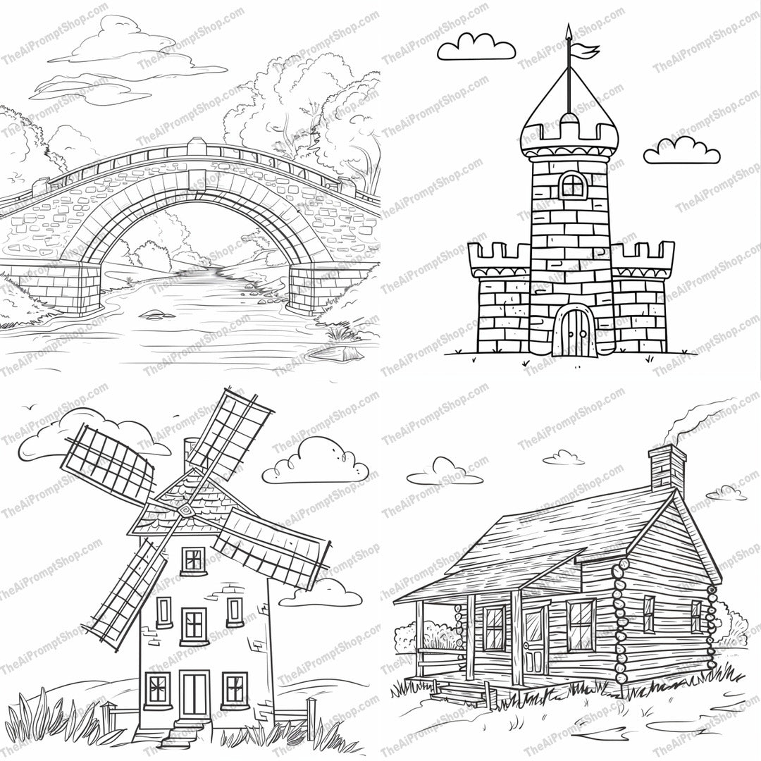 Country Scenery Coloring Page AI MidJourney Image Prompt, 9124 Coloring Pages, midjourney, coloring page, country scenery, stone bridge, medieval tower, windmill, wooden cabin, detailed background, line work, picturesque landscape, printable coloring sheet, stress relief, art therapy, adult coloring book, kids coloring, rustic charm, nature, outdoor, architecture, relaxation, creative activity, Midjourney, Ai, Ai Image Prompt, Image Prompt, Prompt