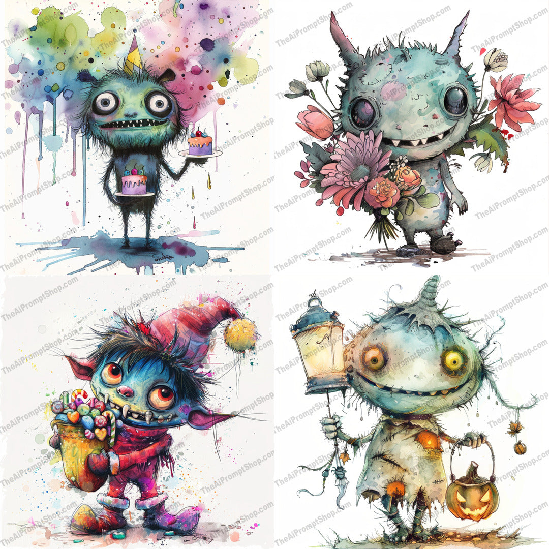 Whimsical Monster AI MidJourney Image Prompt, 9065 Animation & Cartoons, midjourney, whimsical, monster, creature, illustration, cute, quirky, playful, wide eyes, colorful splatters, watercolor, fantasy, cartoonish, funny, comic, adorable, kawaii, art, design, unique, expression, Midjourney, Ai, Ai Image Prompt, Image Prompt, Prompt