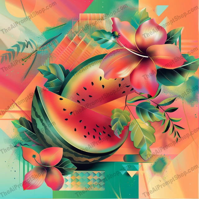 Vibrant Fruit and Floral Art AI MidJourney Image Prompt, 8791 Florals, midjourney, vibrant, digital painting, colorful, fruit, floral, geometric patterns, bold, lively, dynamic, eye-catching, art, decor, modern, tropical, bright, fruit art, floral art, nature, contemporary, abstract, Midjourney, Ai, Ai Image Prompt, Image Prompt, Prompt