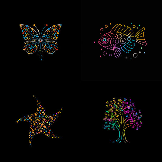 Colorful Dotted Art AI MidJourney Image Prompt, 9391 Logos, midjourney, colorful, dotted art, butterfly, fish, starfish, tree, vibrant, creative, bold colors, intricate, artwork, design, pattern, bright, animal art, nature, dark background, decorative, joyful, artistic, Midjourney, Ai, Ai Image Prompt, Image Prompt, Prompt