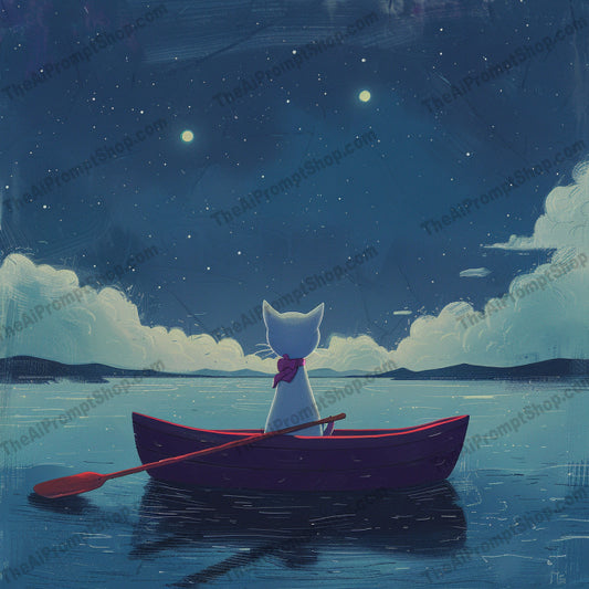 Whimsical Night Rowing AI MidJourney Image Prompt, 9342 Landscapes & Paintings, midjourney, whimsical, night, rowing, boat, serene, star-filled, sky, calm, tranquil, water, soft colors, dreamy, peace, wonder, nighttime, illustration, character, moonlight, paddle, starry night, Midjourney, Ai, Ai Image Prompt, Image Prompt, Prompt