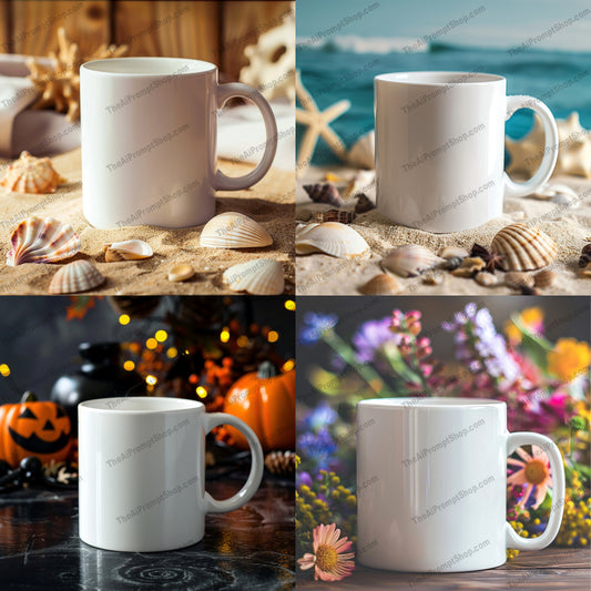 Seasonal Mug Scenes AI MidJourney Image Prompt, 9584 Mockups - Products, midjourney, seasonal mug, white mug, beach mug, summer mug, autumn mug, spring mug, floral mug, cozy mug, holiday mug, mug mockup, product display, mug design, seasonal theme, year-round mug, versatile mug, mug photography, mug collection, mug scenes, mug images, stylish mug, decorative mug, themed mug, Midjourney, Ai, Ai Image Prompt, Image Prompt, Prompt