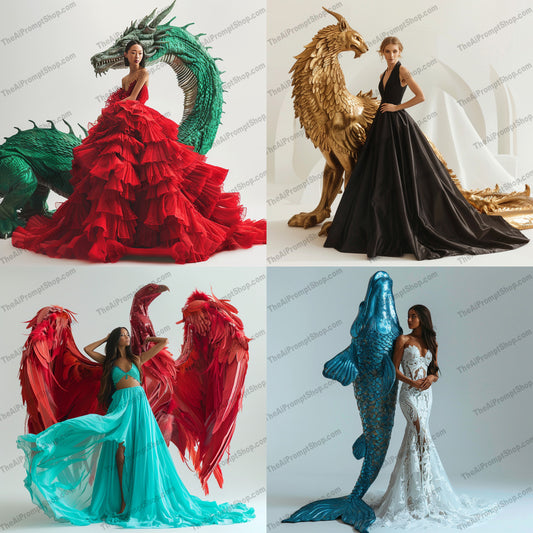 Fantasy Elegance AI MidJourney Image Prompt, 9403 Fashion & Accessories, midjourney, fantasy, elegance, mythical creatures, costumes, vibrant colors, magical, elaborate designs, dragons, phoenix, gryphon, mermaid, theatrical, whimsical, surreal, artistic, fairy tale, mystical, regal, luxurious, dramatic, Midjourney, Ai, Ai Image Prompt, Image Prompt, Prompt