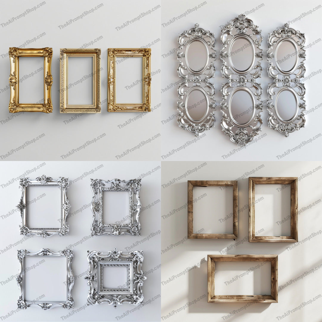 Elegant Ornate Frames AI MidJourney Image Prompt, 8969 Mockups - Products, midjourney, ornate frames, elegant design, sophisticated decor, gold frames, silver frames, rustic wood frames, intricate designs, interior decoration, vintage style, baroque frames, antique frames, decorative frames, wall art, old-fashioned frames, luxurious decor, classic design, artistic frames, home decor, vintage frames, stylish frames, Midjourney, Ai, Ai Image Prompt, Image Prompt, Prompt