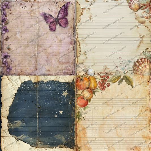 Vintage Journal Pages AI MidJourney Image Prompt, 9264 Patterns & Wallpapers, midjourney, vintage, journal, botanical, cosmic, parchment, butterfly, shells, fruits, stars, flowers, aged paper, ornate, antique, old paper, scrapbooking, retro, rustic, decorative, writing, stationery, Midjourney, Ai, Ai Image Prompt, Image Prompt, Prompt