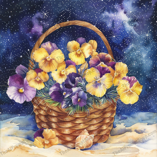 Starry Night Flower Basket AI MidJourney Image Prompt, 9655 Florals, midjourney, flower basket, starry night, wicker basket, vibrant flowers, botanical art, celestial background, dreamy aesthetic, surreal art, night sky, floral arrangement, colorful flowers, nature art, cosmic art, garden blooms, basket of flowers, star-filled sky, floral fantasy, floral illustration, blooming flowers, galactic art, Midjourney, Ai, Ai Image Prompt, Image Prompt, Prompt