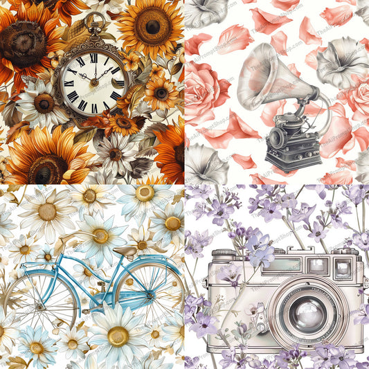 Vintage Elements with Floral Background AI MidJourney Image Prompt, 9470 Patterns & Wallpapers, midjourney, vintage, floral, clock, gramophone, bicycle, camera, sunflowers, roses, daisies, lavender, intricate, detailed, elegant, nostalgic, classic, fresh, aesthetic, decorative, artistic, stylish, Midjourney, Ai, Ai Image Prompt, Image Prompt, Prompt